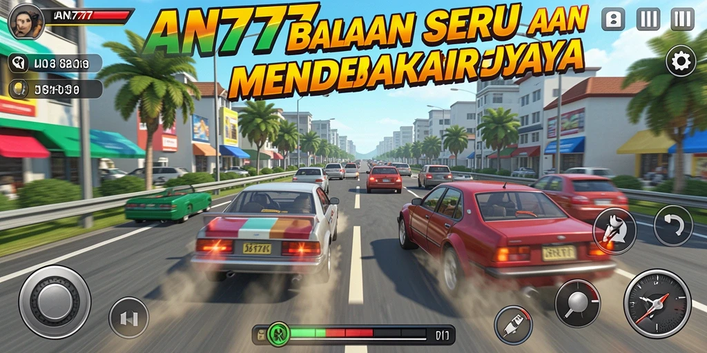 Screenshot menunjukkan gameplay balap mendebarkan dalam AN777.