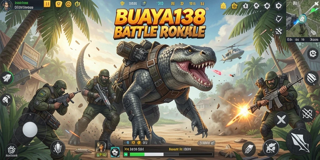 Screenshot utama BUAYA138 menampilkan aksi seru dalam pertempuran Battle Royale.