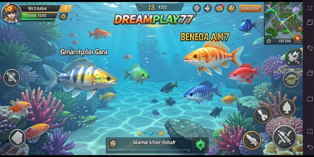Tampilan utama gameplay <strong>DREAMPLAY77</strong> menampilkan aksi menembak ikan yang seru dan penuh warna.