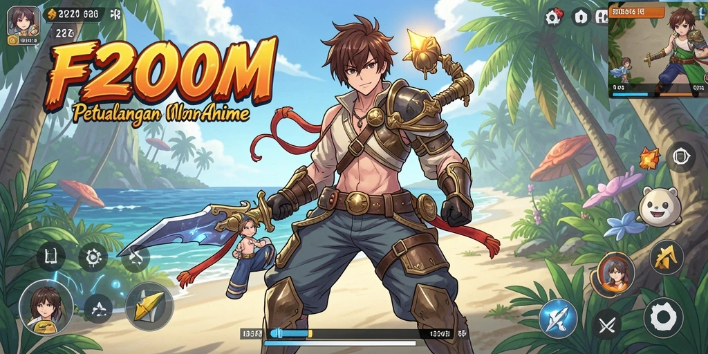 Screenshot F200M menampilkan karakter anime dalam aksi penuh warna.