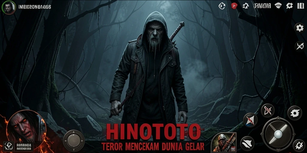Screenshot gameplay HINOTOTO menampilkan momen mencekam yang penuh kegelapan.