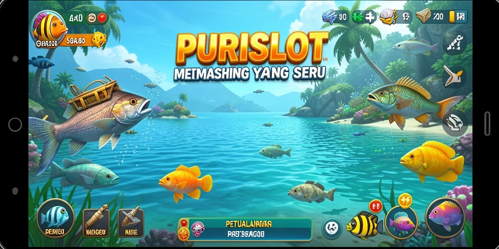 Tampilan gameplay <strong>PURISLOT</strong> menampilkan aksi memancing yang seru dan penuh tantangan.